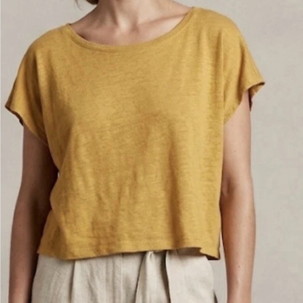Rachel Zoe Golden Yellow 100% Linen Boxy Knit Top, Cap Sleeve,  Scoop Neck Sz M